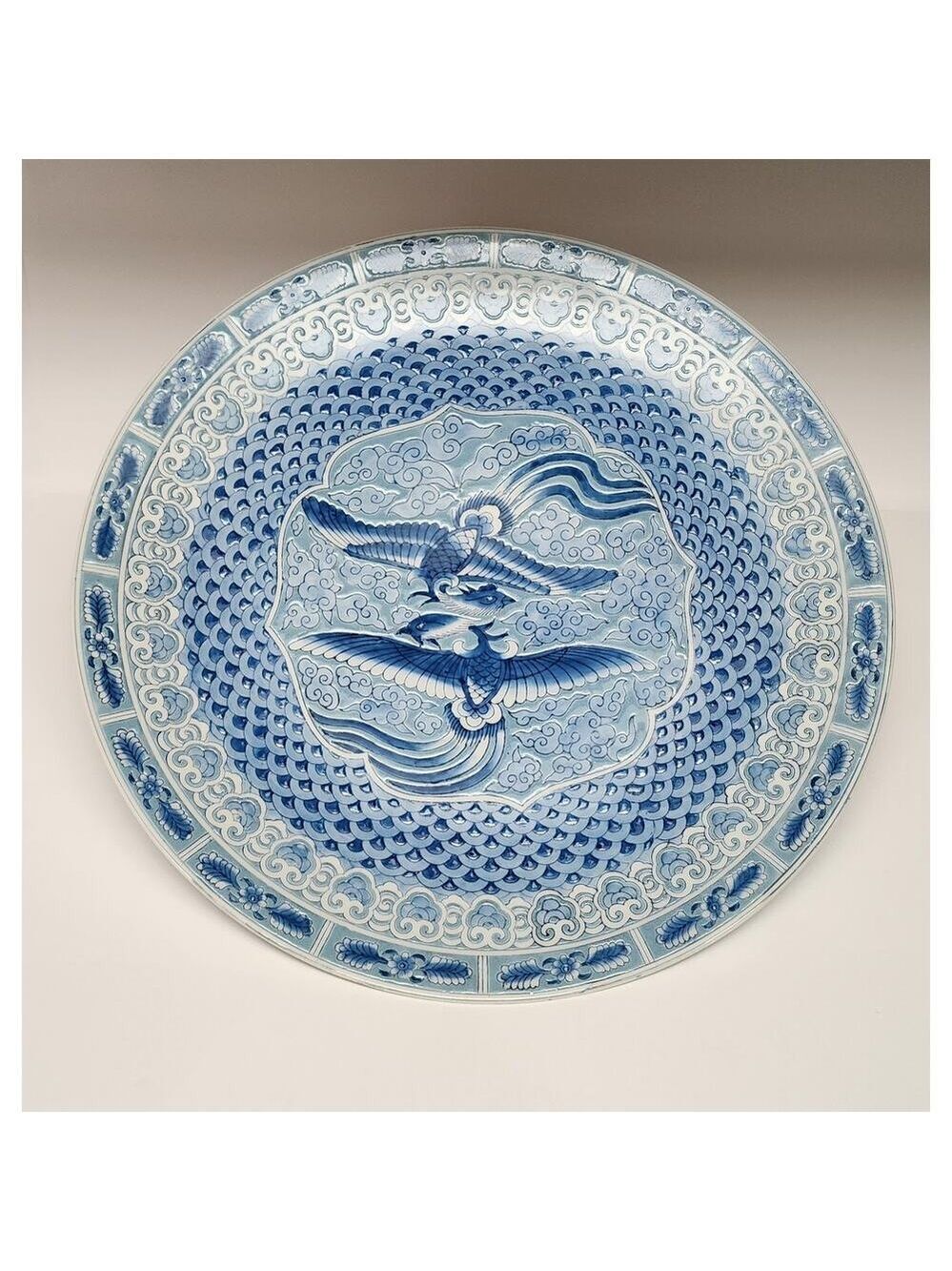 Oriental Accent Blue & White Flying Crane Wave Pattern 16" Large Decor Platter